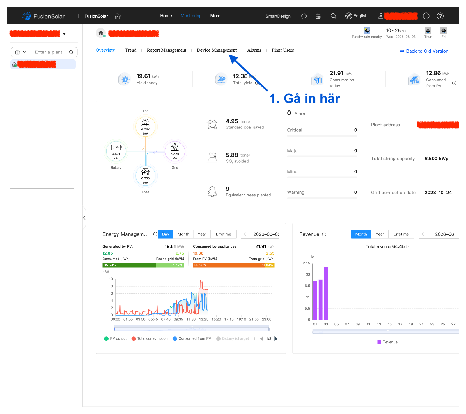 Öppna Monitoring i FusionSolar och gå till ”Device Management”.