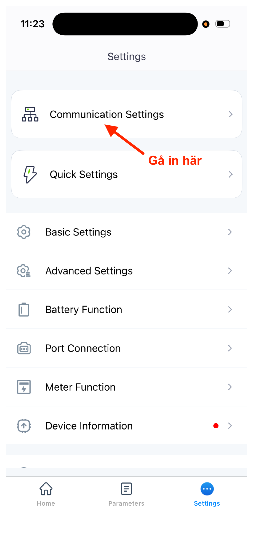 Öppna Settings i SolarGo-appen och tryck på ”Communication Settings”.