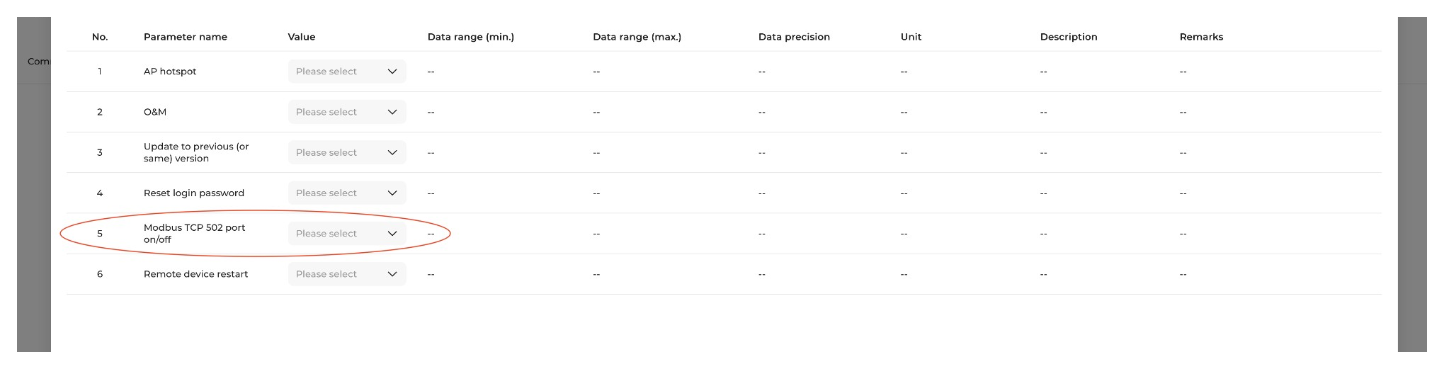I iSolarCloud, välj ”Communication module” i enhetslistan, välj din ”WiNet-S” och gå till Settings → Common settings. Vid ”5. Modbus TCP 502 port on/off”, välj ”Open” och tryck sedan på ”Apply settings” längst ner.