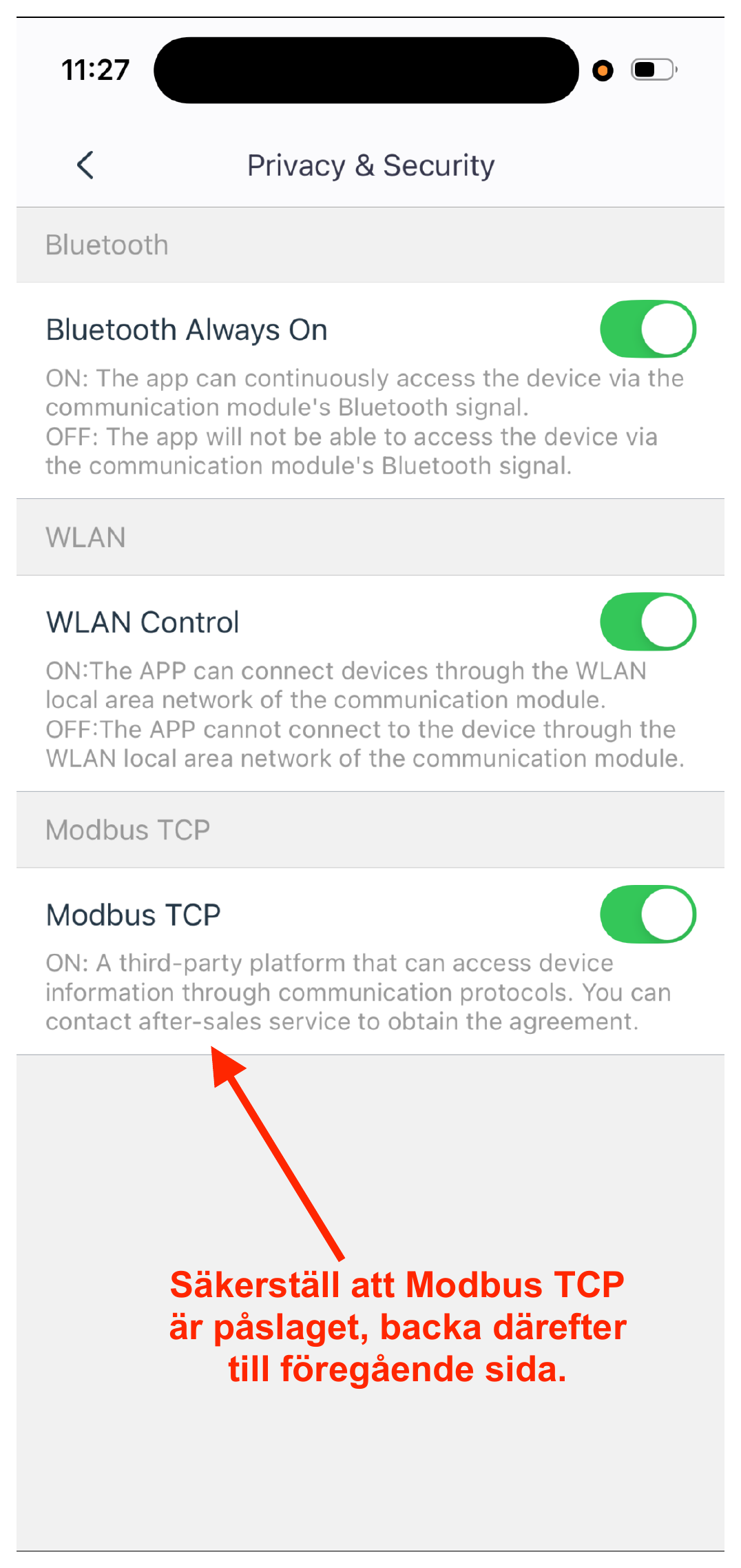 Säkerställ att ”Modbus TCP” är påslaget, backa därefter till föregående sida.