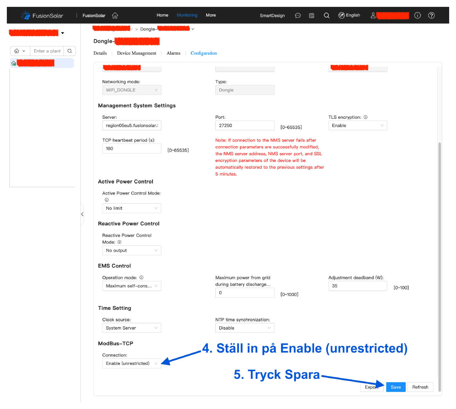 Scrolla ner till ”ModBus-TCP”, ställ in Connection på ”Enable (unrestricted)” och tryck på Spara.